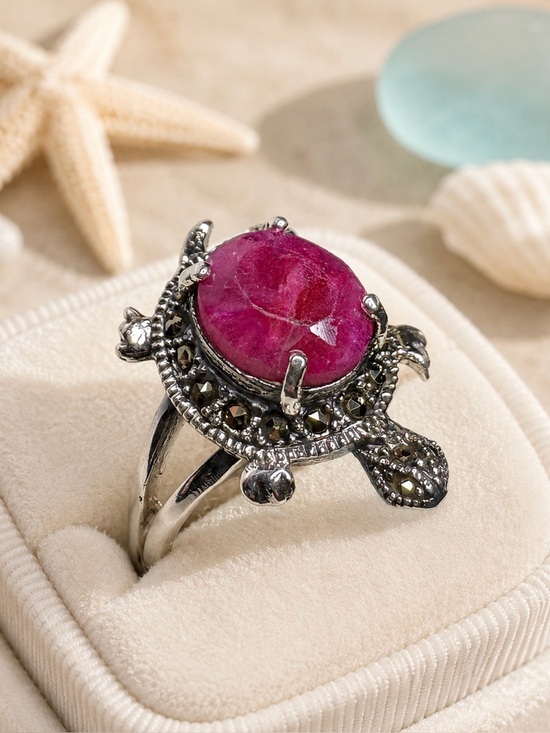 925 Sterling Silver Jewelry - 🤩Ring Turtle Sterling Silver Ruby Gemstone Marcasite Accents Split Shank Band